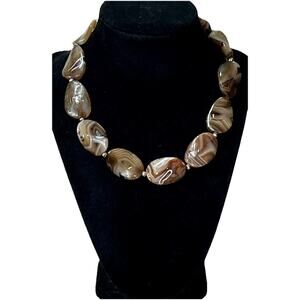 Natural Banded Agate Gemstone Necklace 16” Graduated Polished Beads Silver Plate